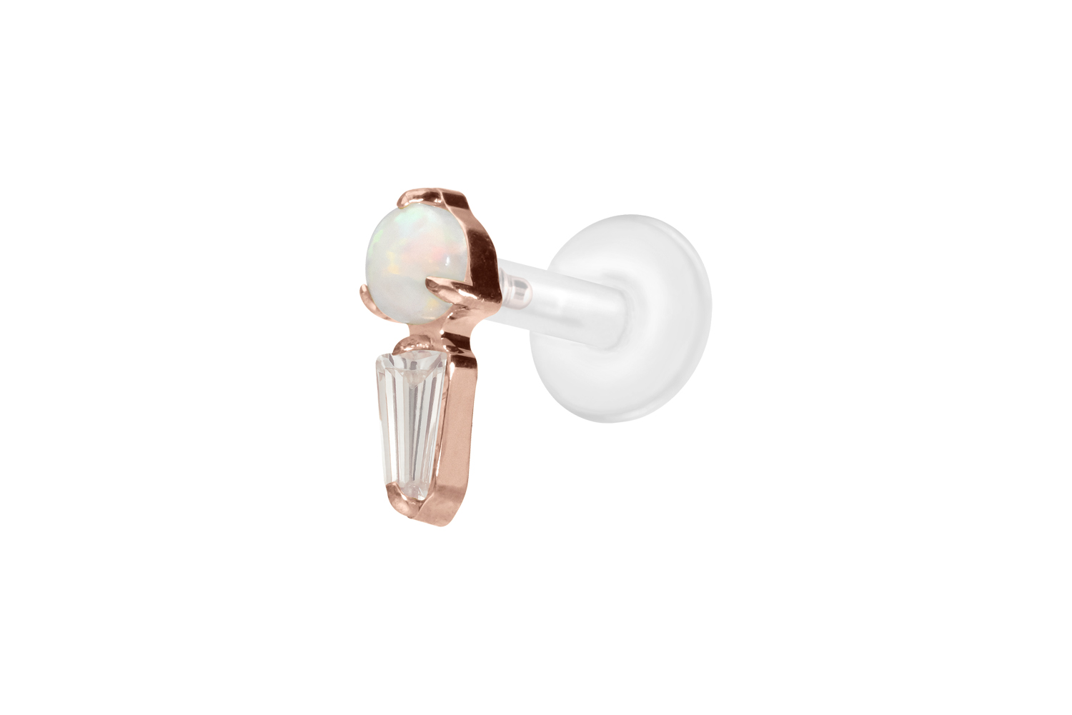 PTFE Labret Piercing mit Innengewinde + Titan-Aufsatz SYNTHETISCHER OPAL + KRISTALLRECHTECK